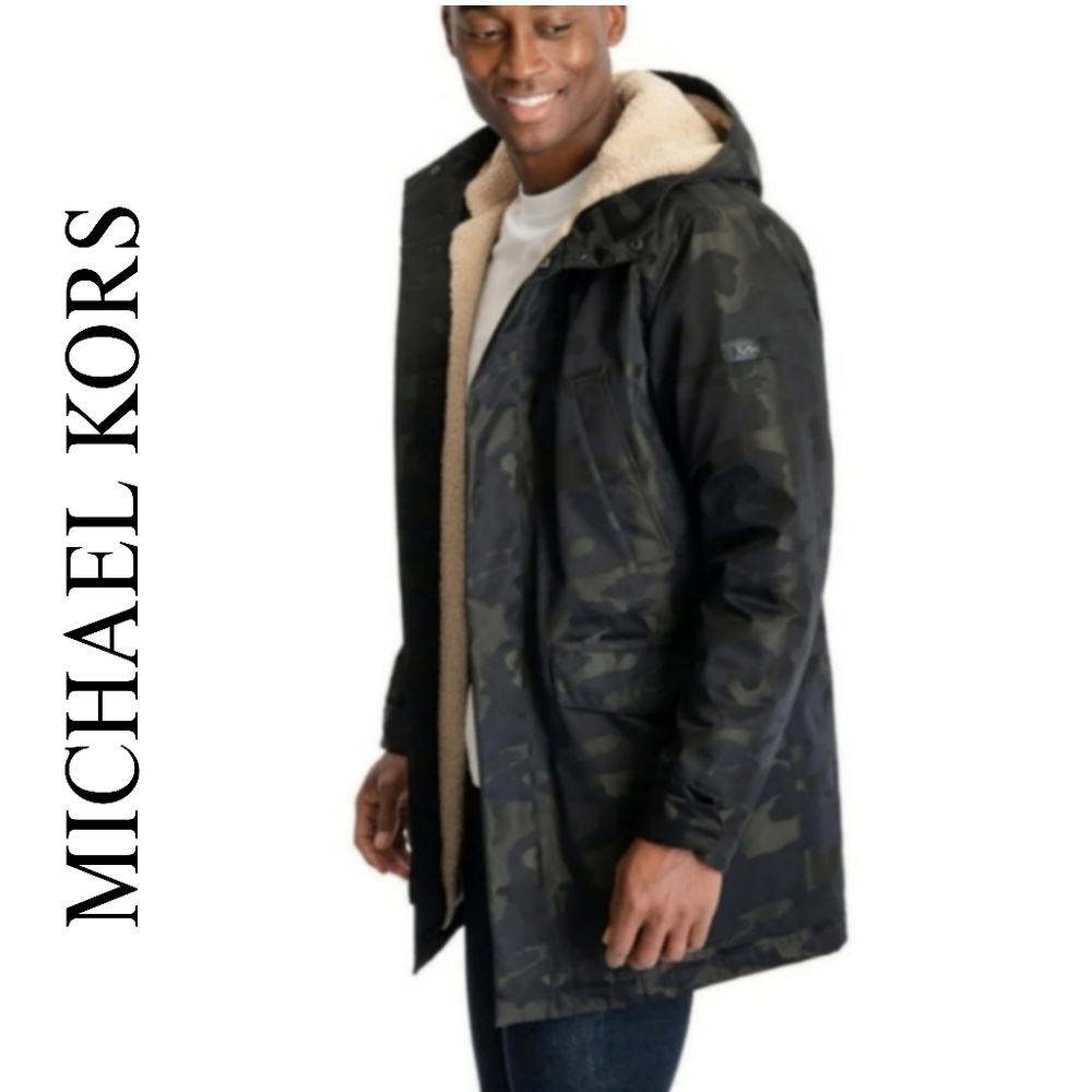 MICHAEL KORS Men's Hooded Stadium Parka Faux Sherpa Camo Jacket LT Big & Tall …